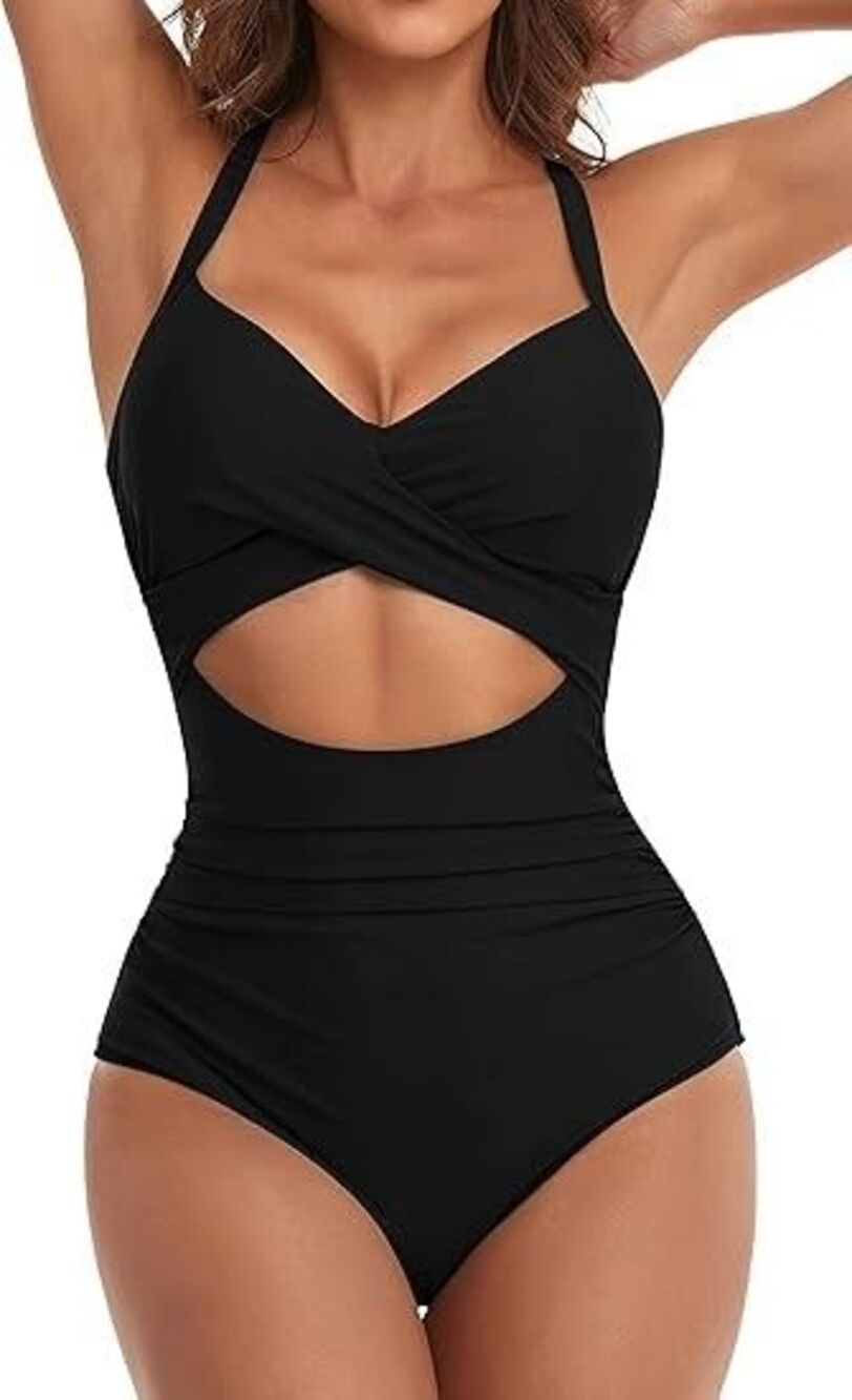 Women's Black Cutout Crisscross Tummy Control High Waist One Piece Swimsuit Wrap